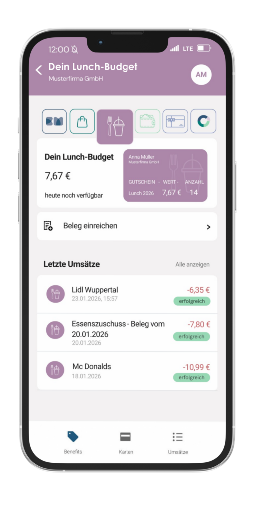 App-Ansicht Lunch-Budget mit verfügbarem Betrag
